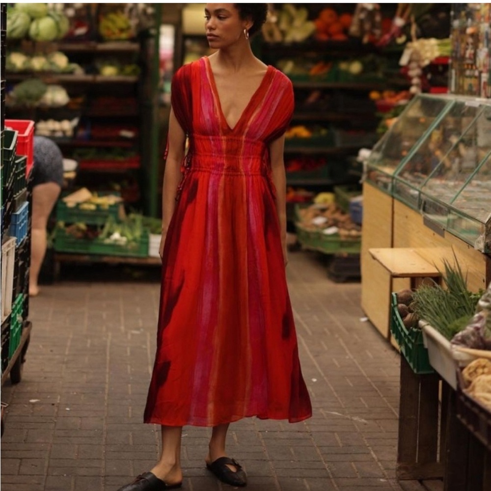 NWT ZARA Red Multicolor Tie Dye V Neck Midi Dress